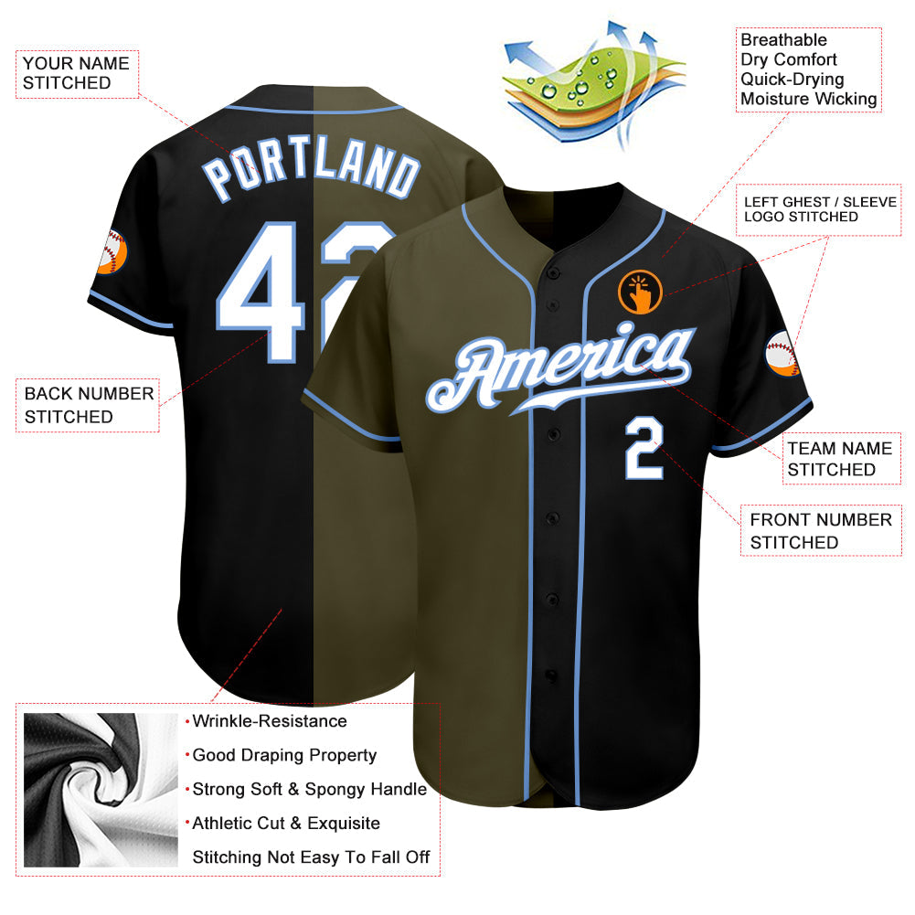 Custom Black White-Olive Authentic Split Fashion Baseball Jersey view 3