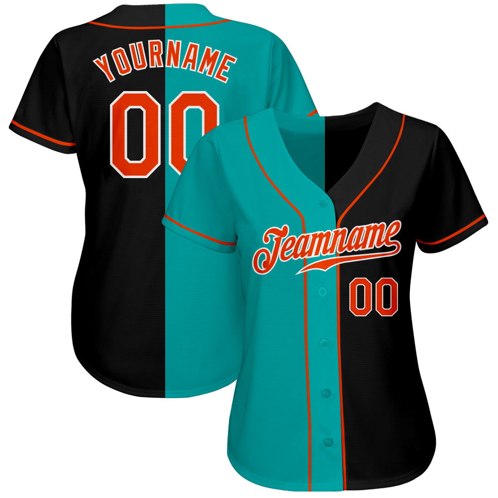 Custom Black Orange-Aqua Authentic Split Fashion Baseball Jersey view 2