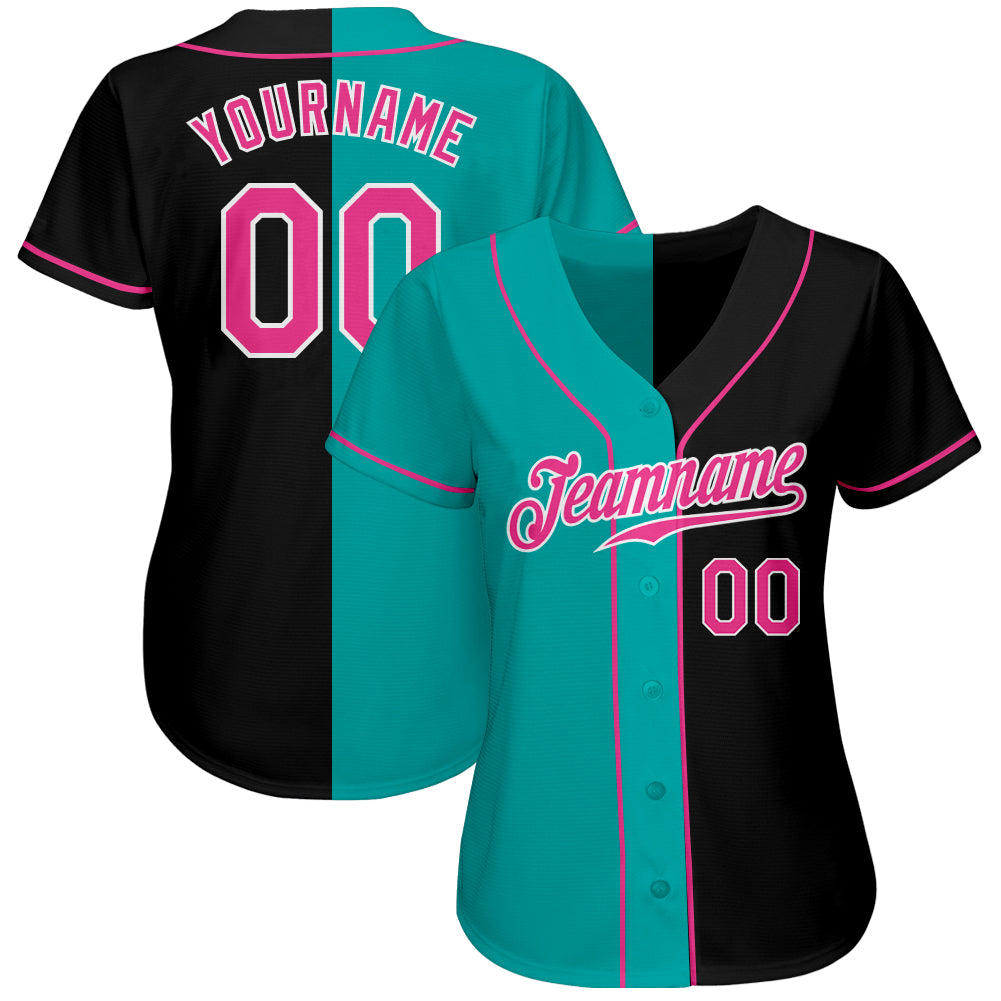 Custom Black Pink-Aqua Authentic Split Fashion Baseball Jersey view 2