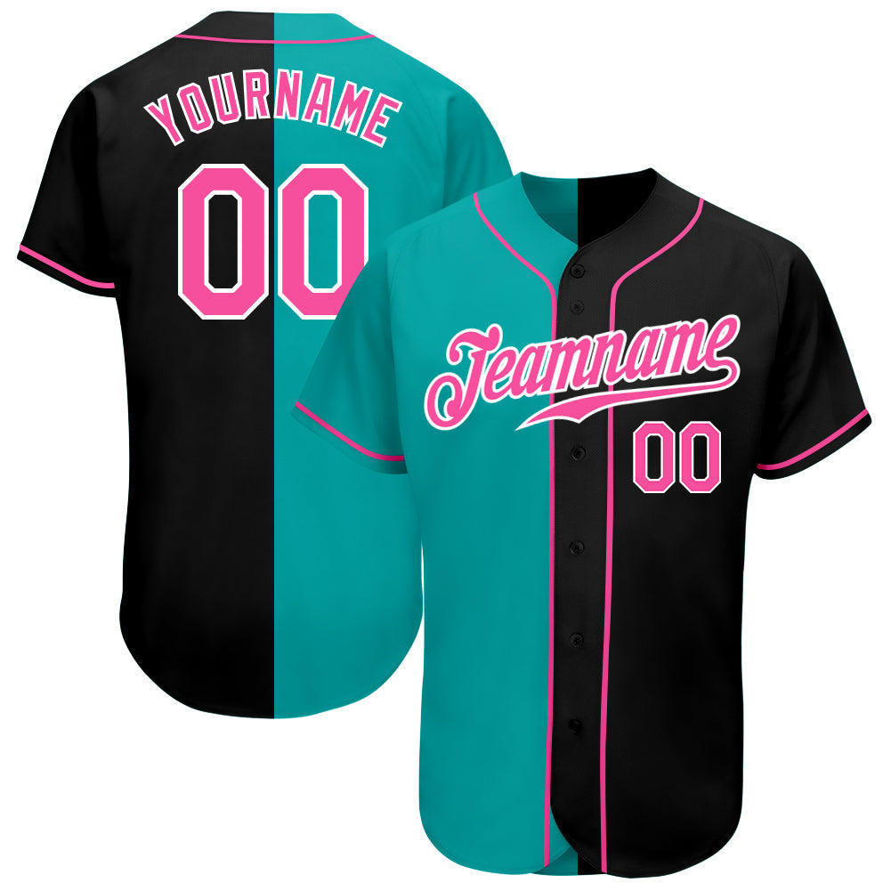 Custom Black Pink-Aqua Authentic Split Fashion Baseball Jersey - Main View