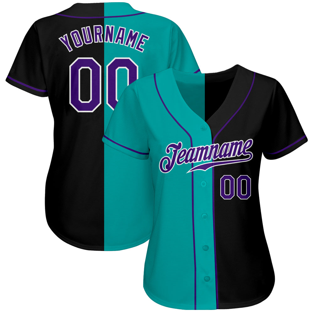 Custom Black Purple-Aqua Authentic Split Fashion Baseball Jersey view 2