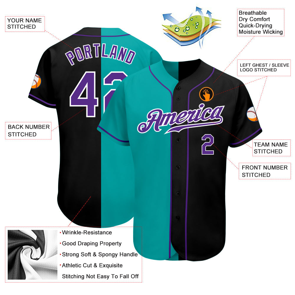 Custom Black Purple-Aqua Authentic Split Fashion Baseball Jersey view 3