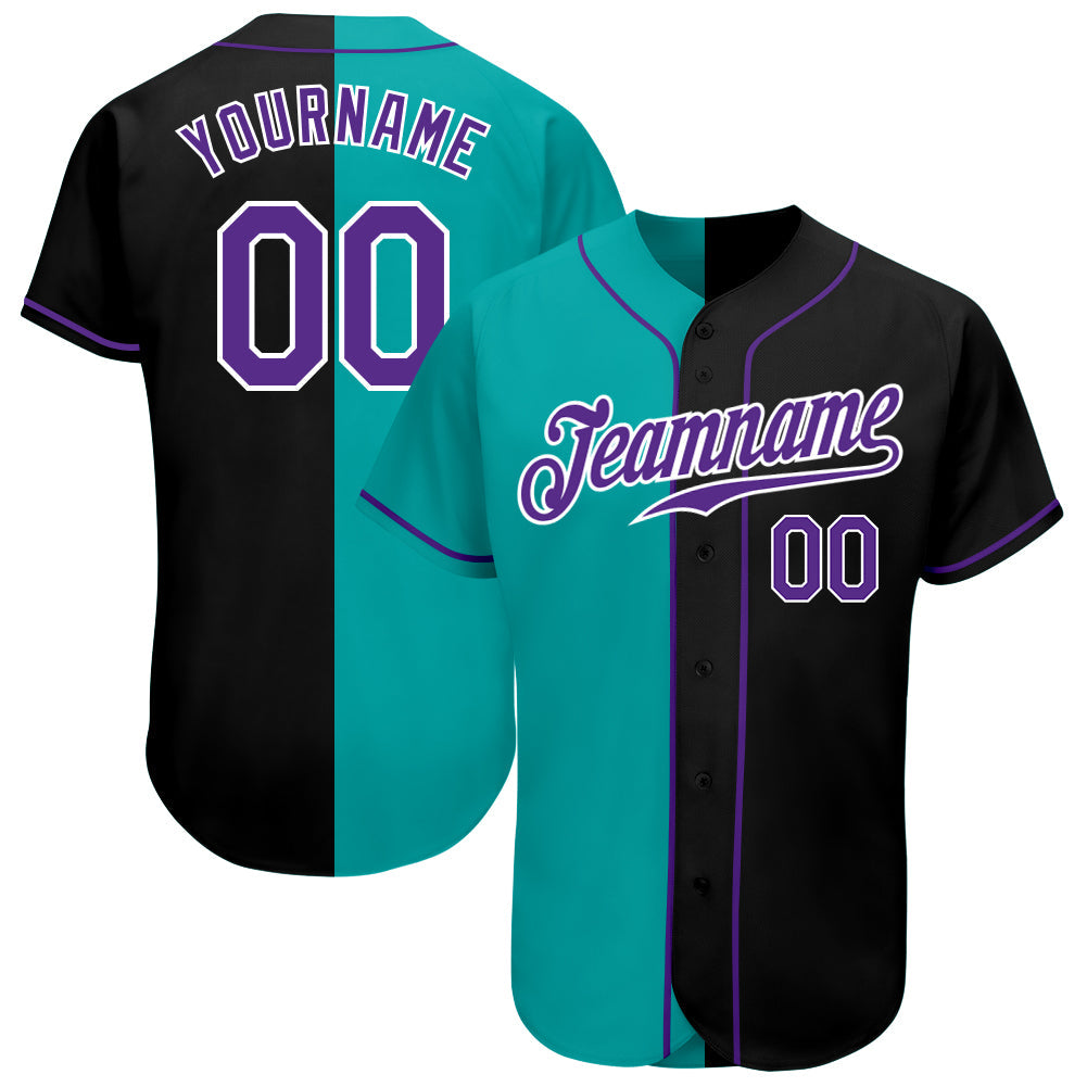 Custom Black Purple-Aqua Authentic Split Fashion Baseball Jersey - Main View