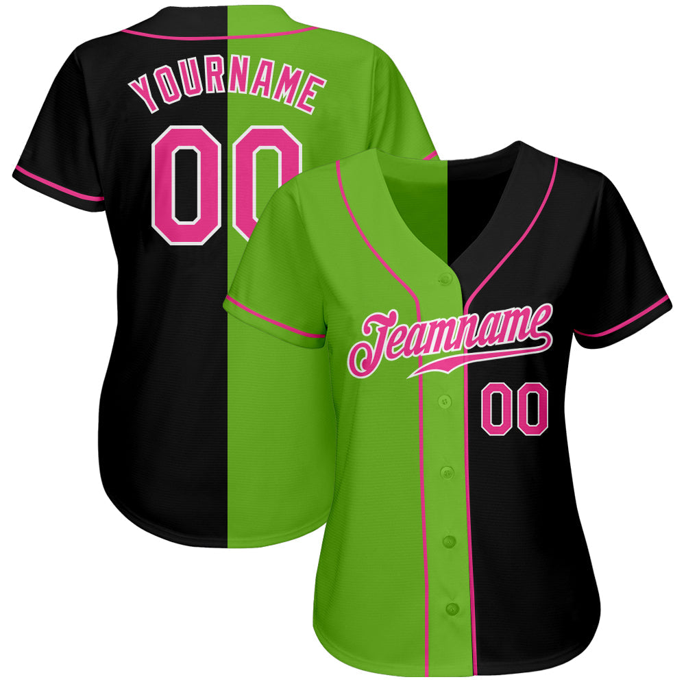 Custom Black Pink-Neon Green Authentic Split Fashion Baseball Jersey view 2