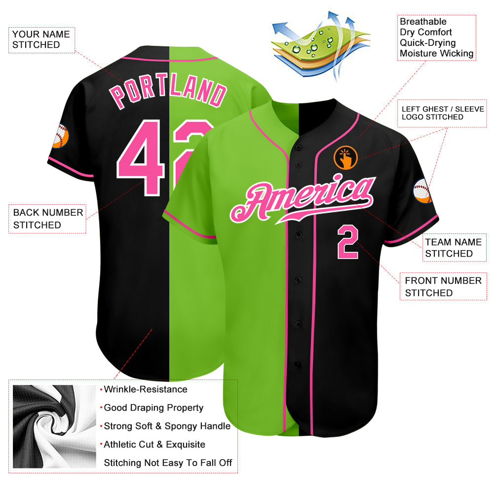 Custom Black Pink-Neon Green Authentic Split Fashion Baseball Jersey view 3