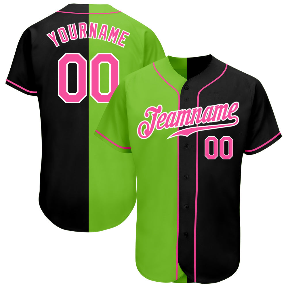 Custom Black Pink-Neon Green Authentic Split Fashion Baseball Jersey - Main View