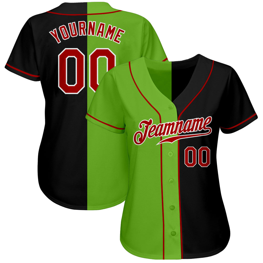 Custom Black Red-Neon Green Authentic Split Fashion Baseball Jersey view 2