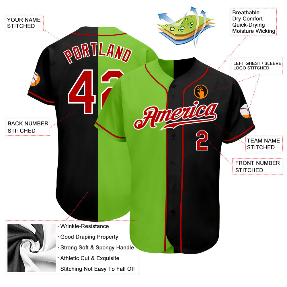 Custom Black Red-Neon Green Authentic Split Fashion Baseball Jersey view 3