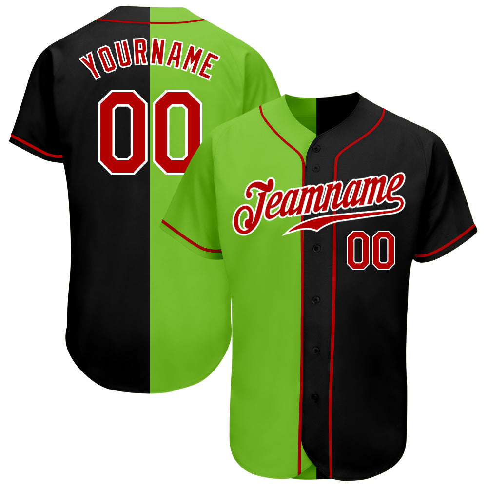 Custom Black Red-Neon Green Authentic Split Fashion Baseball Jersey - Main View