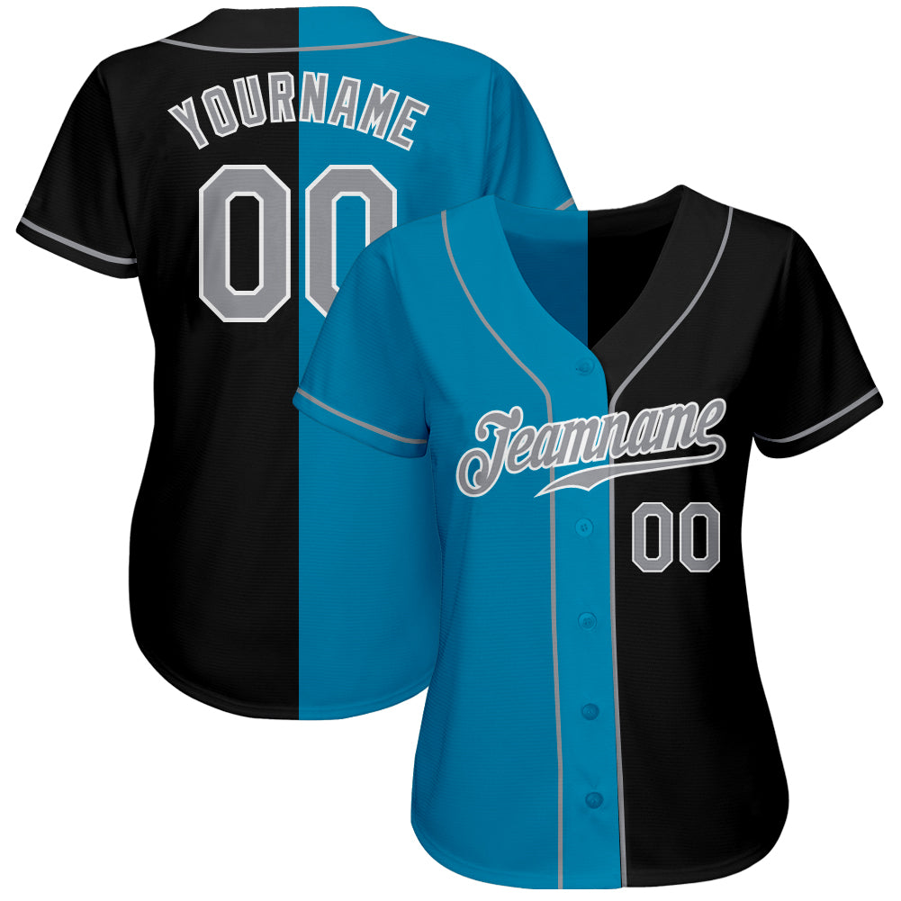 Custom Black Gray-Panther Blue Authentic Split Fashion Baseball Jersey view 2
