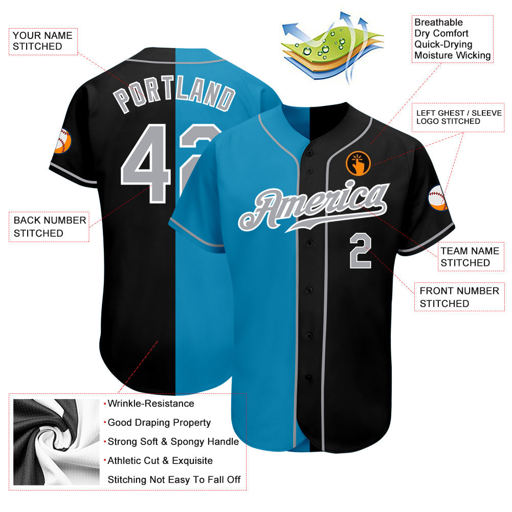 Custom Black Gray-Panther Blue Authentic Split Fashion Baseball Jersey view 3