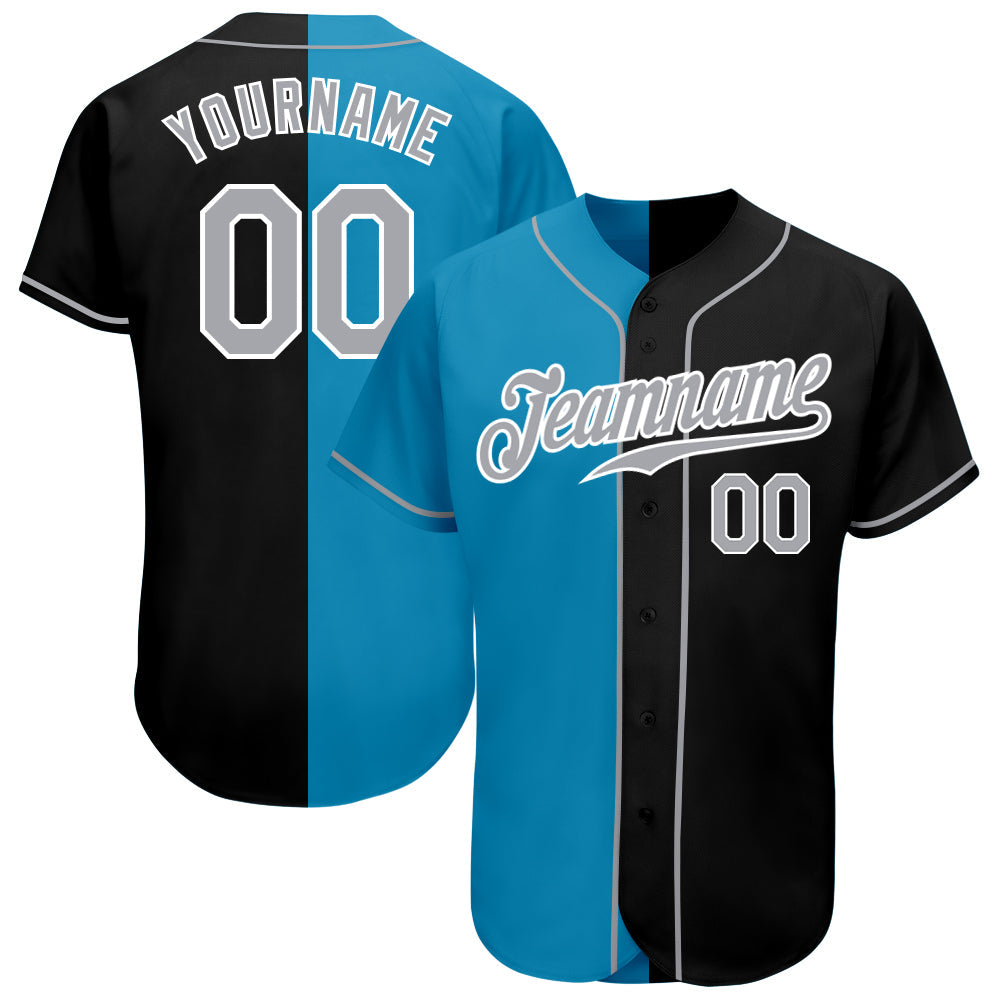 Custom Black Gray-Panther Blue Authentic Split Fashion Baseball Jersey - Main View