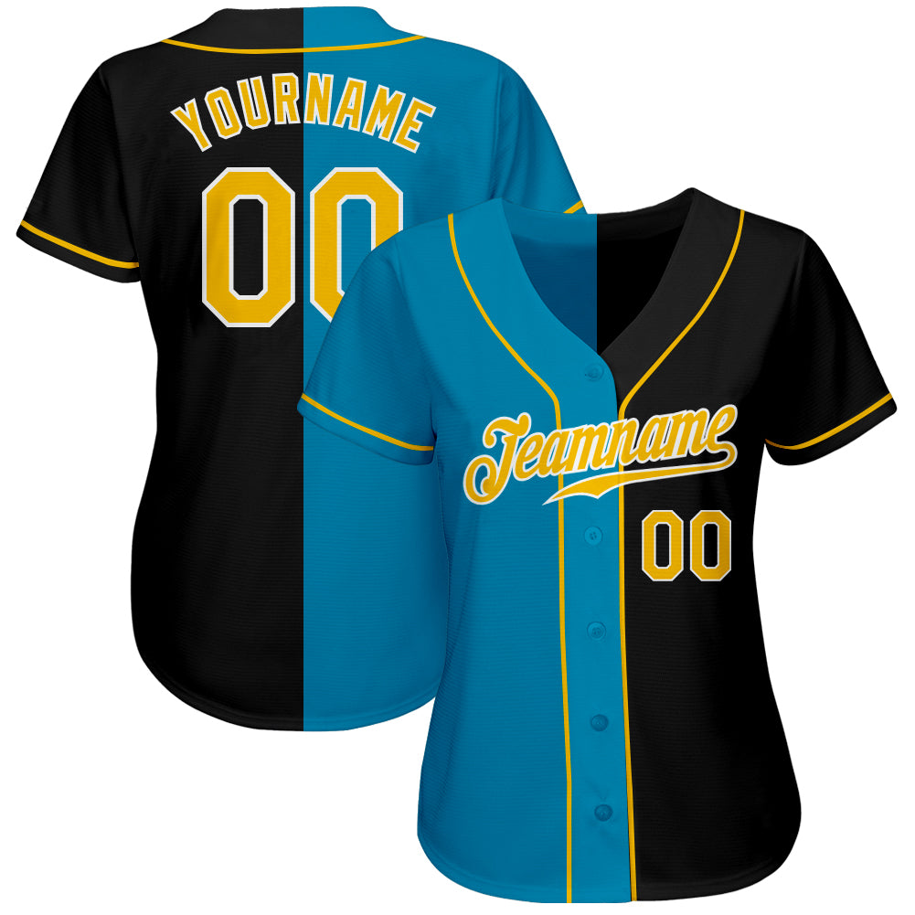 Custom Black Gold-Panther Blue Authentic Split Fashion Baseball Jersey view 2