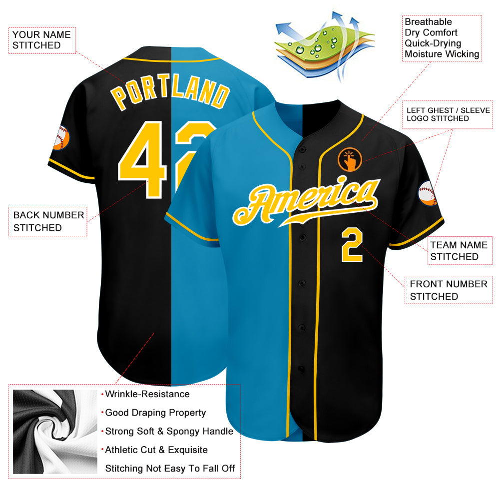 Custom Black Gold-Panther Blue Authentic Split Fashion Baseball Jersey view 3