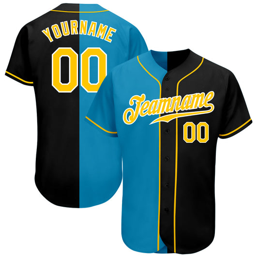 Custom Black Gold-Panther Blue Authentic Split Fashion Baseball Jersey - Main View