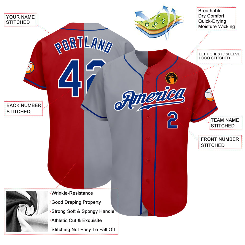 Custom Red Royal-Gray Authentic Split Fashion Baseball Jersey view 3