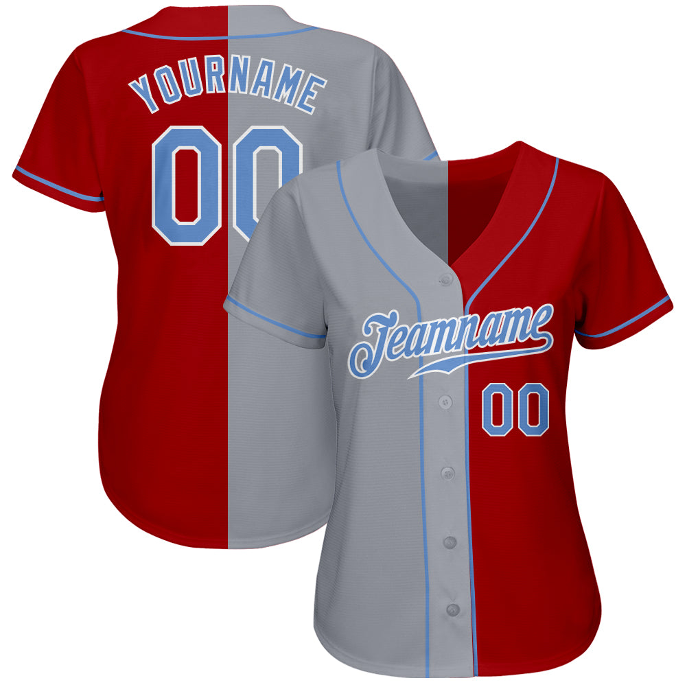 Custom Red Light Blue-Gray Authentic Split Fashion Baseball Jersey view 2