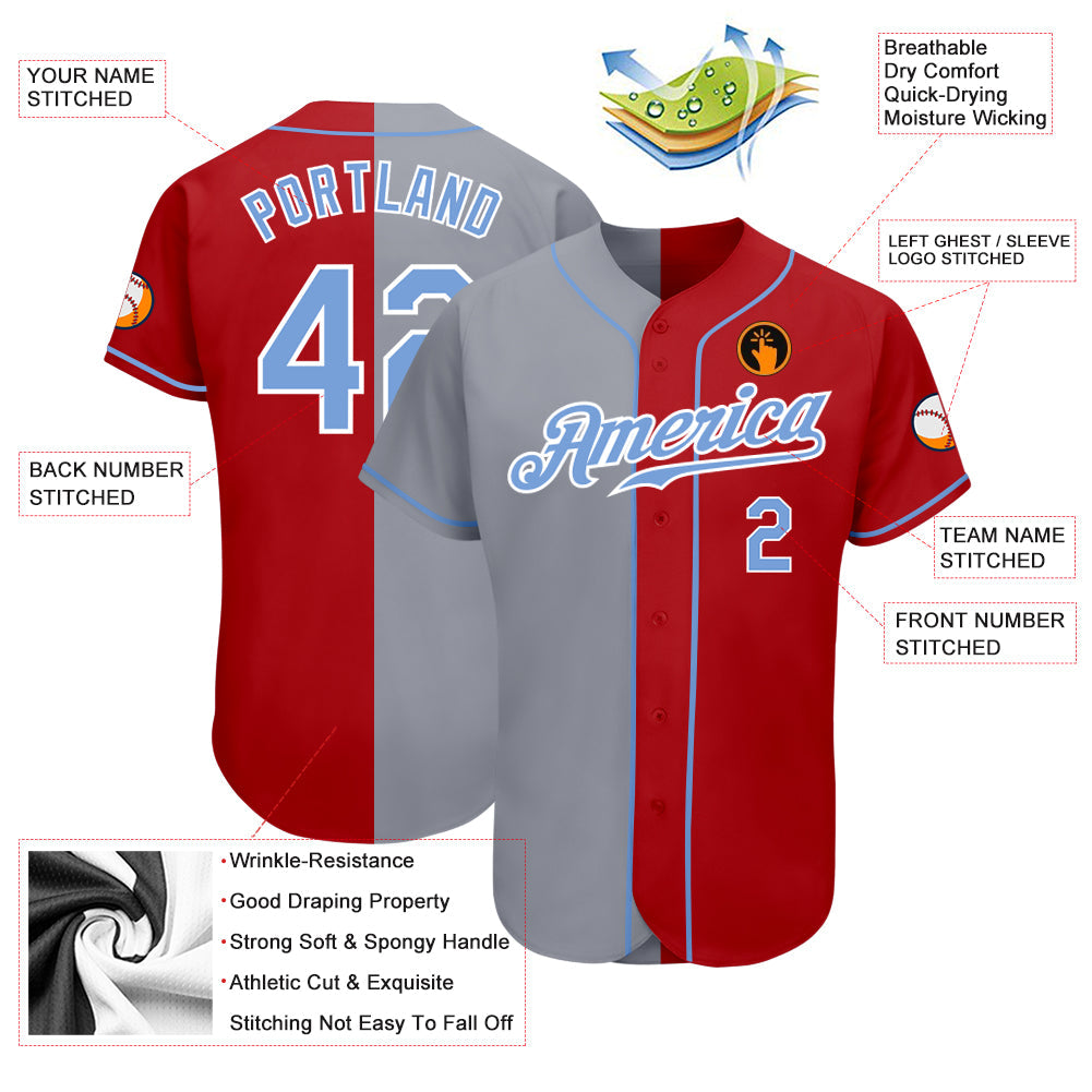 Custom Red Light Blue-Gray Authentic Split Fashion Baseball Jersey view 3