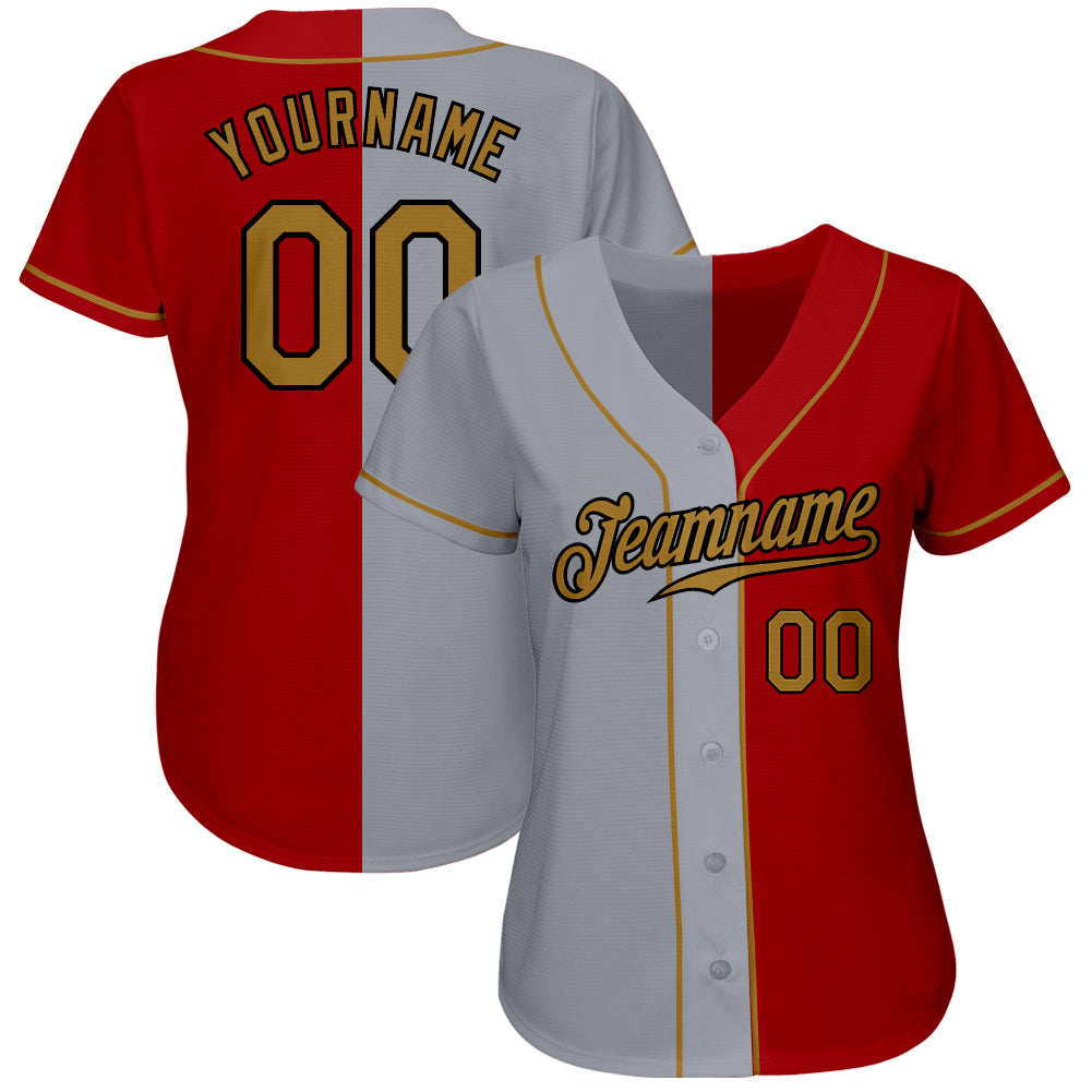 Custom Red Old Gold-Gray Authentic Split Fashion Baseball Jersey view 2