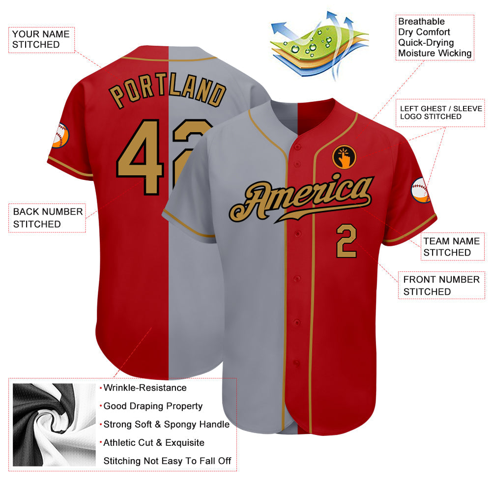 Custom Red Old Gold-Gray Authentic Split Fashion Baseball Jersey view 3