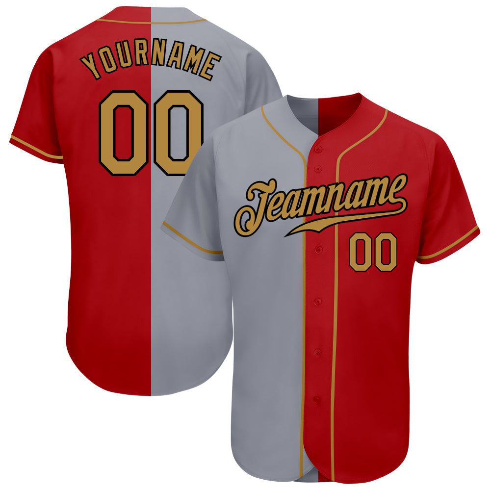 Custom Red Old Gold-Gray Authentic Split Fashion Baseball Jersey - Main View
