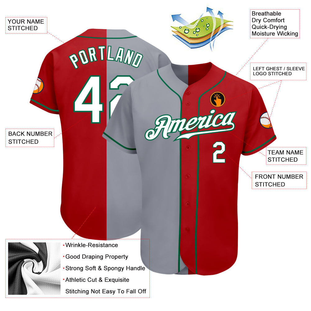Custom Red White-Gray Authentic Split Fashion Baseball Jersey view 3