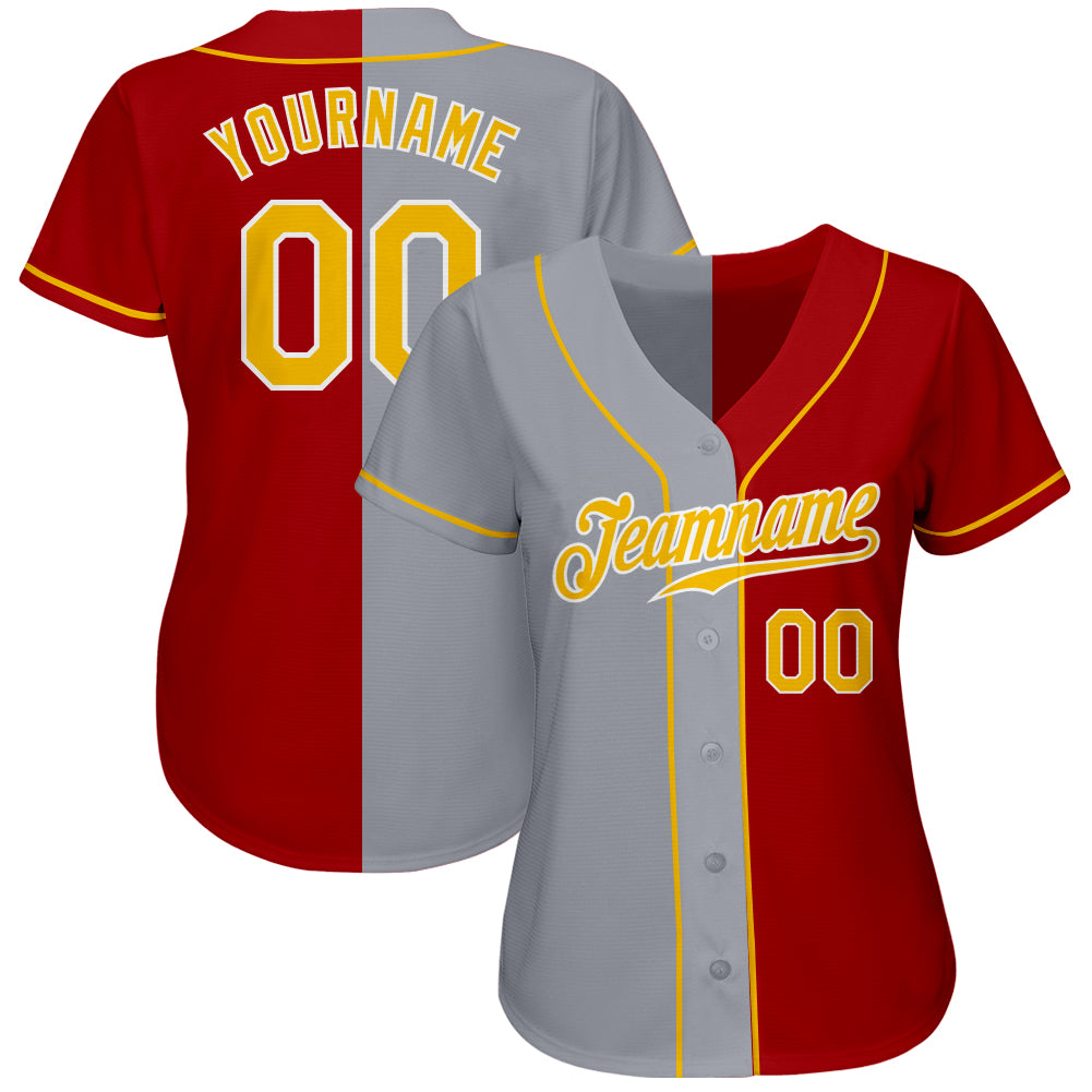 Custom Red Gold-Gray Authentic Split Fashion Baseball Jersey view 2