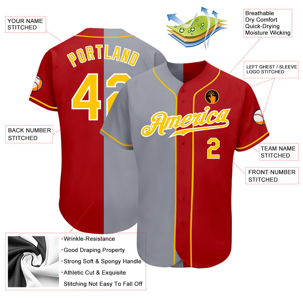 Custom Red Gold-Gray Authentic Split Fashion Baseball Jersey view 3