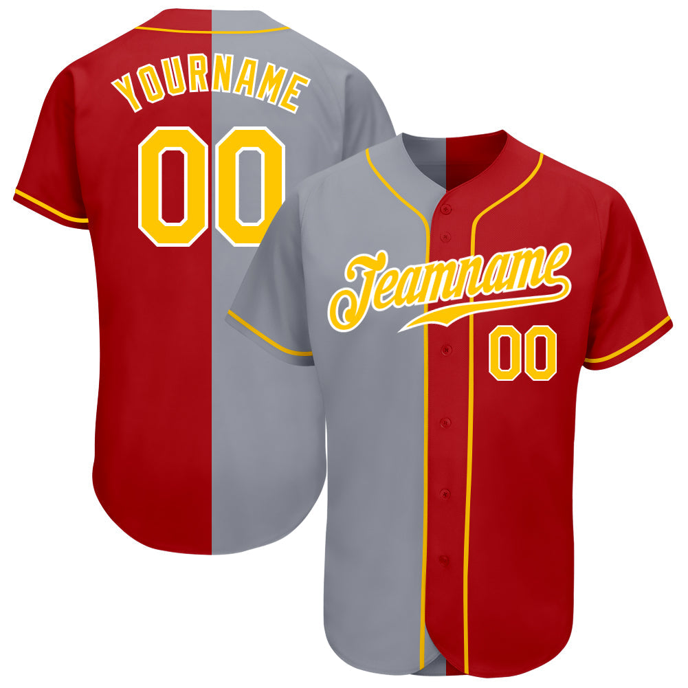 Custom Red Gold-Gray Authentic Split Fashion Baseball Jersey - Main View