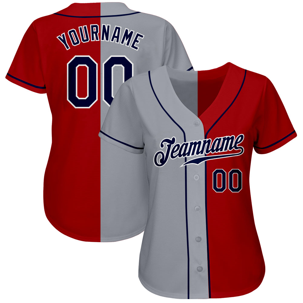 Custom Red Navy-Gray Authentic Split Fashion Baseball Jersey view 2