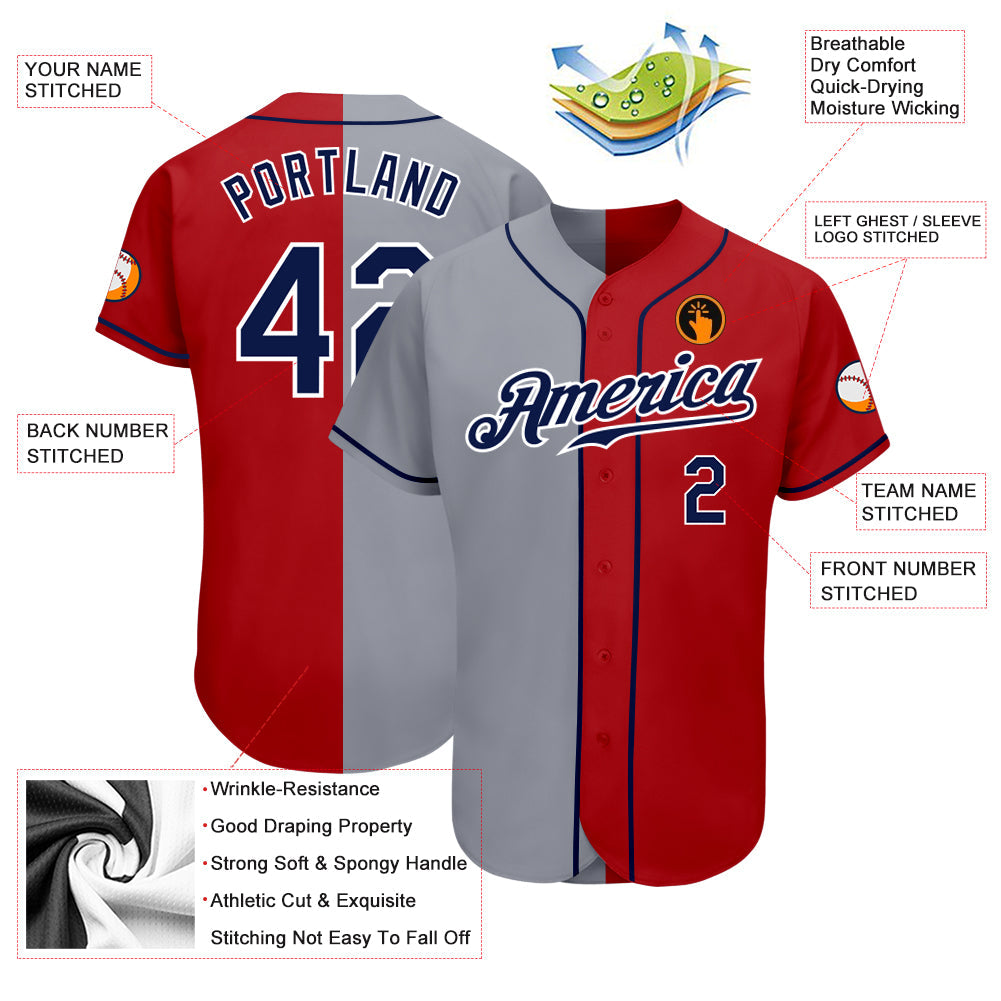 Custom Red Navy-Gray Authentic Split Fashion Baseball Jersey view 3