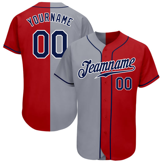 Custom Red Navy-Gray Authentic Split Fashion Baseball Jersey - Main View