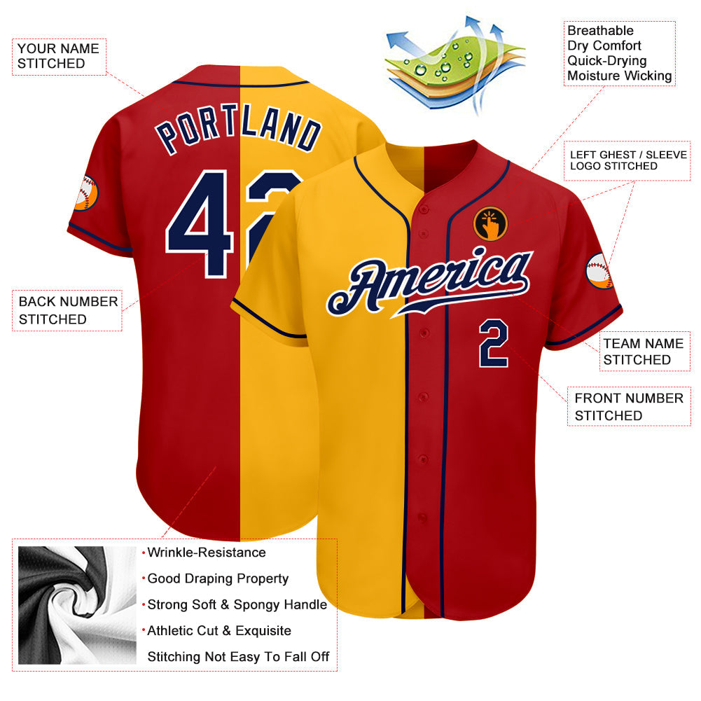 Custom Red Navy-Yellow Authentic Split Fashion Baseball Jersey view 3