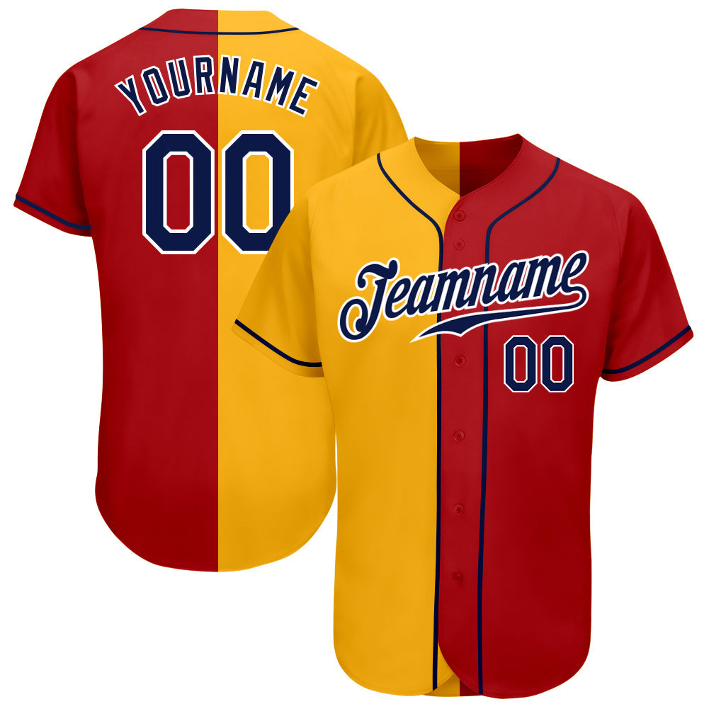 Custom Red Navy-Yellow Authentic Split Fashion Baseball Jersey - Main View
