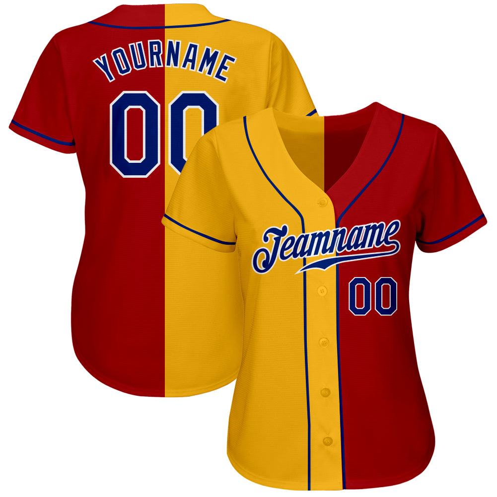 Custom Red Royal-Yellow Authentic Split Fashion Baseball Jersey view 2