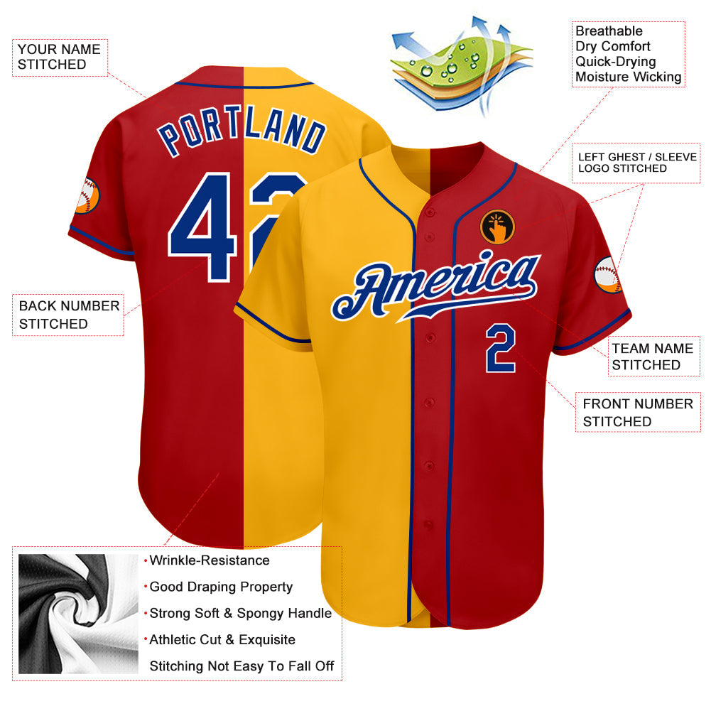 Custom Red Royal-Yellow Authentic Split Fashion Baseball Jersey view 3