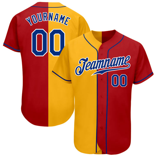 Custom Red Royal-Yellow Authentic Split Fashion Baseball Jersey - Main View