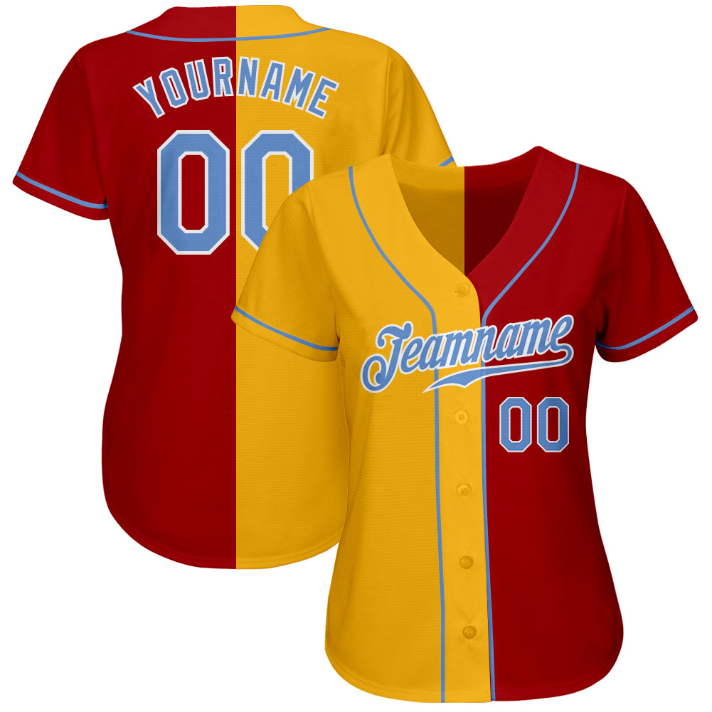 Custom Red Light Blue-Yellow Authentic Split Fashion Baseball Jersey view 2