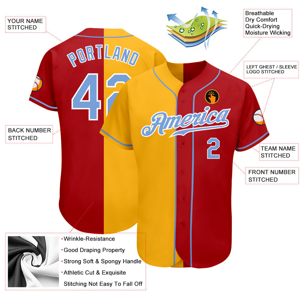 Custom Red Light Blue-Yellow Authentic Split Fashion Baseball Jersey view 3
