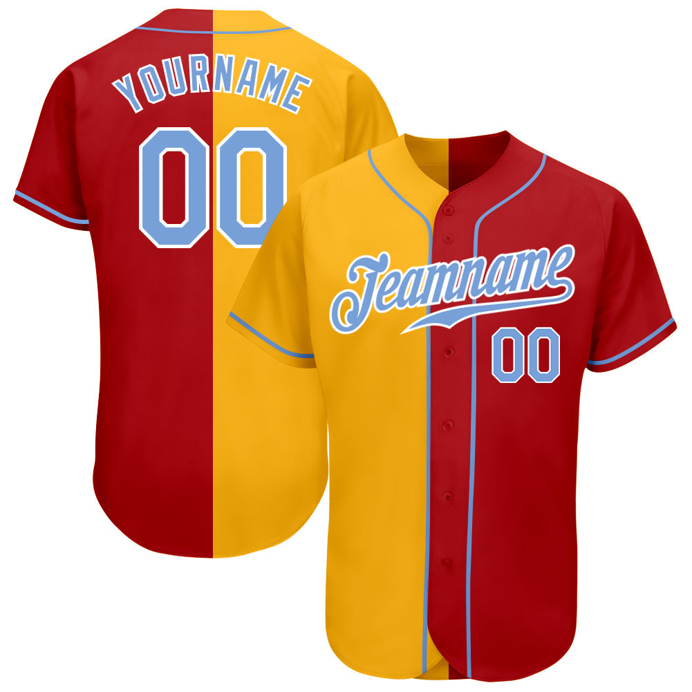 Custom Red Light Blue-Yellow Authentic Split Fashion Baseball Jersey - Main View