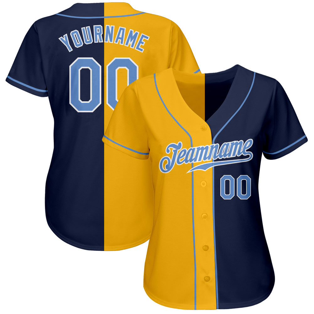 Custom Navy Light Blue-Yellow Authentic Split Fashion Baseball Jersey view 2