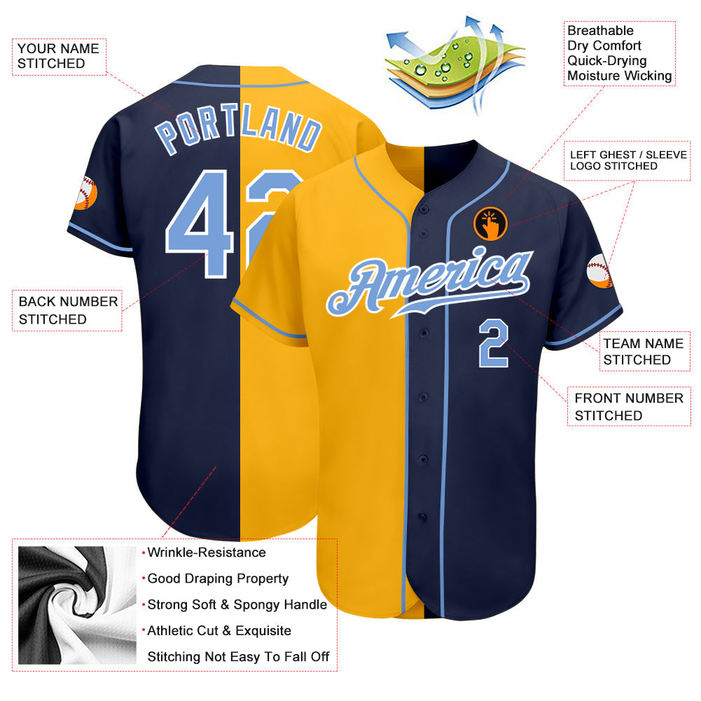Custom Navy Light Blue-Yellow Authentic Split Fashion Baseball Jersey view 3