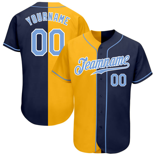 Custom Navy Light Blue-Yellow Authentic Split Fashion Baseball Jersey - Main View