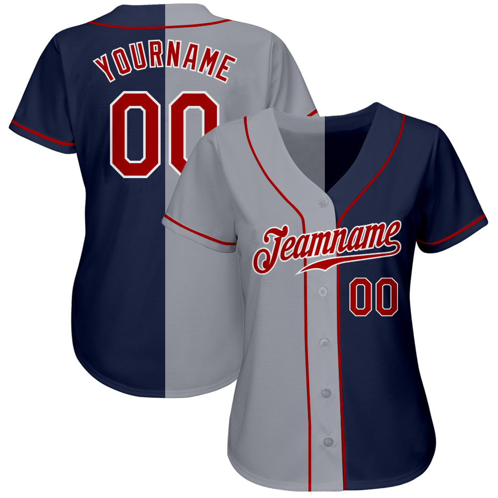 Custom Navy Red-Gray Authentic Split Fashion Baseball Jersey view 2