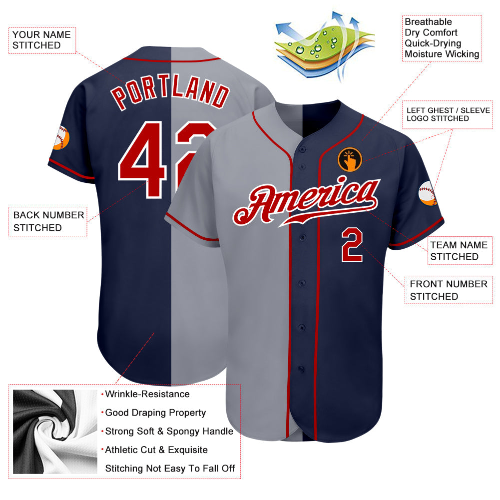 Custom Navy Red-Gray Authentic Split Fashion Baseball Jersey view 3