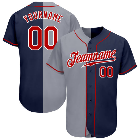 Custom Navy Red-Gray Authentic Split Fashion Baseball Jersey - Main View