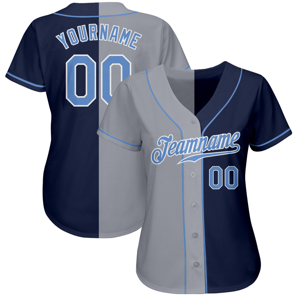Custom Navy Light Blue-Gray Authentic Split Fashion Baseball Jersey view 2