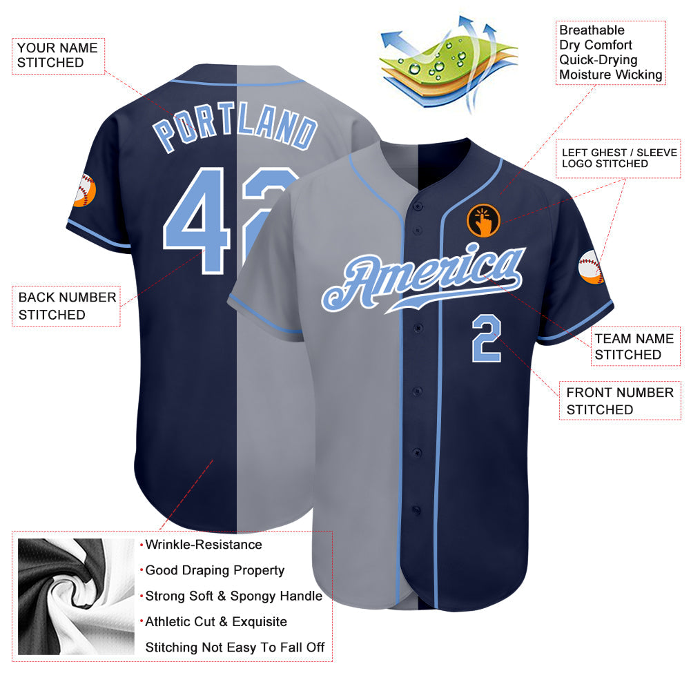 Custom Navy Light Blue-Gray Authentic Split Fashion Baseball Jersey view 3