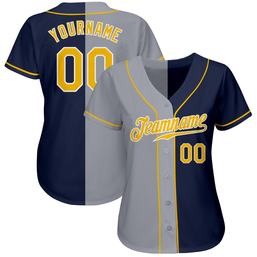 Custom Navy Gold-Gray Authentic Split Fashion Baseball Jersey view 2
