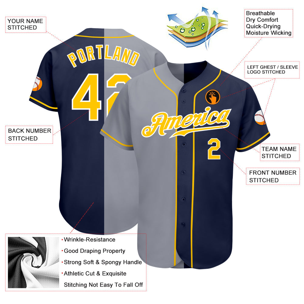 Custom Navy Gold-Gray Authentic Split Fashion Baseball Jersey view 3